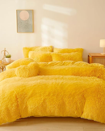 FOPPA Yellow Plush Fluffy Comforter Cover Set Queen - Ultra Soft Faux Fur Yellow Bedding Sets 3 Pieces (1 Shaggy Duvet Cover + 2 Pillow case) Fuzzy Bed Set (Yellow, Queen) - LeafyLoom