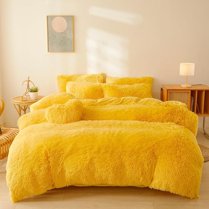 FOPPA Yellow Plush Fluffy Comforter Cover Set Queen - Ultra Soft Faux Fur Yellow Bedding Sets 3 Pieces (1 Shaggy Duvet Cover + 2 Pillow case) Fuzzy Bed Set (Yellow, Queen) - LeafyLoom