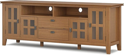 SIMPLIHOME Artisan SOLID WOOD Universal TV Media Stand, 72 inch Wide, Transitional, Living Room Entertainment Center, Storage Cabinet, for Flat Screen TVs up to 80 inches in Honey Brown - LeafyLoom