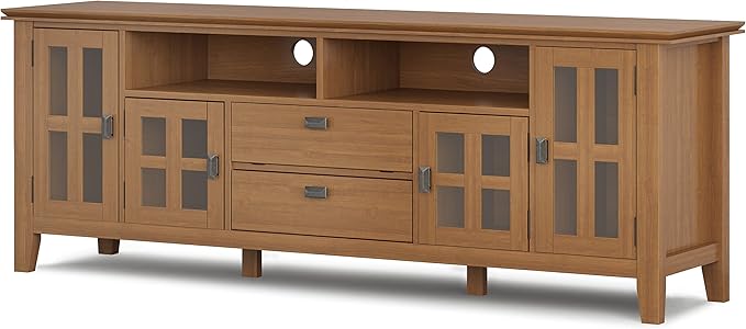 SIMPLIHOME Artisan SOLID WOOD Universal TV Media Stand, 72 inch Wide, Transitional, Living Room Entertainment Center, Storage Cabinet, for Flat Screen TVs up to 80 inches in Honey Brown - LeafyLoom