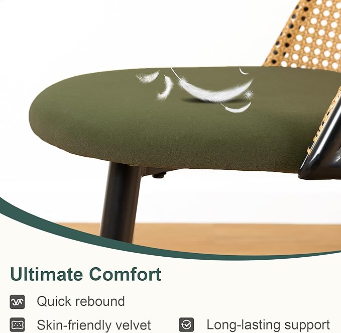 Mid Century Modern Dining Chairs Set of 2, Olive Green Dining Chairs, Kitchen Chairs with Full Rattan Back and Metal Tapered Legs, Kitchen & Dining Room Chairs - LeafyLoom