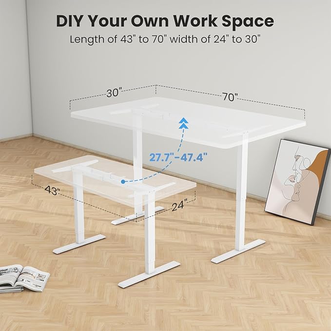 Dual Motor Electric Desk Frame- Standing Desk Legs, Ergonomic Height Adjustable Desk Frame, Sit Stand Desk Frame, Heavy Duty 330 lb Load Capacity (White Frame Only) - LeafyLoom