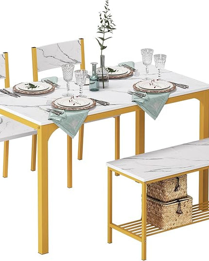 SogesHome 4 Piece Kitchen Dining Table Set for 4, Kitchen Table Bench Chairs Setfor 4, Space-Saving Table Set for Restaurant, Coffee Shop, Golden - LeafyLoom