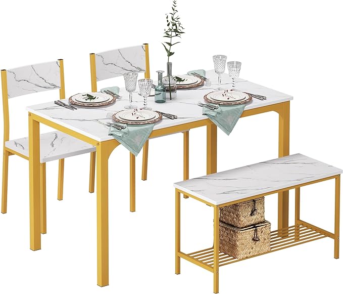 SogesPower Dining Table Set for 4, Kitchen Dining Table Set with 2 Chairs and 1 Bench, 4-Piece Kitchen Table Set for Dining Room Restaurant Small Space, Gold - LeafyLoom