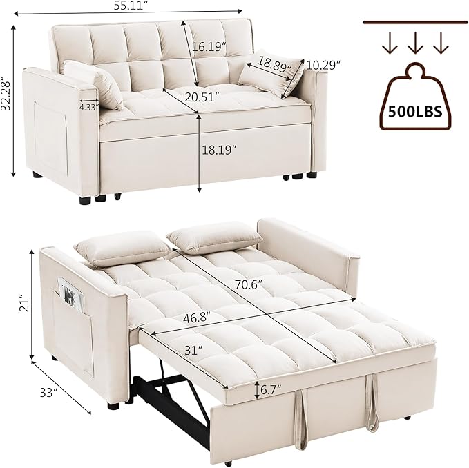 3 in 1 Loveseat Sofa Bed, Pull Out Couch Sleeper with Storage, Full Size Velvet Convertible Chair with 2 Pockets & 2 Pillows for Living Room, White - LeafyLoom