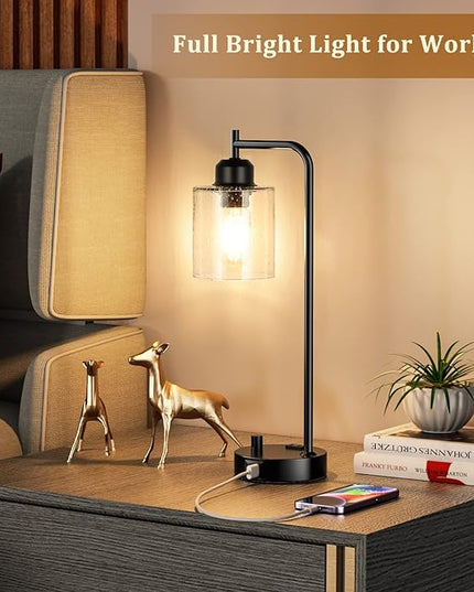 Industrial Bedside Table Lamp for Bedroom - Nightstand Lamps with USB C Charging Port, Fully Dimmable Black Ports and Outlets, Small Desk Glass Shade Office Living Room - LeafyLoom