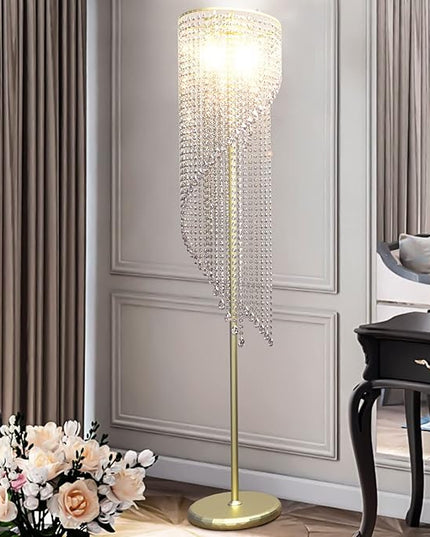 QiMH Crystal Floor Lamp for Living Room/ Bedroom Decor, Bling Elegant Rain Lamp, Gold Standing Indoor Tall Pole Light Simple Floor Lamp with Foot Switch - LeafyLoom