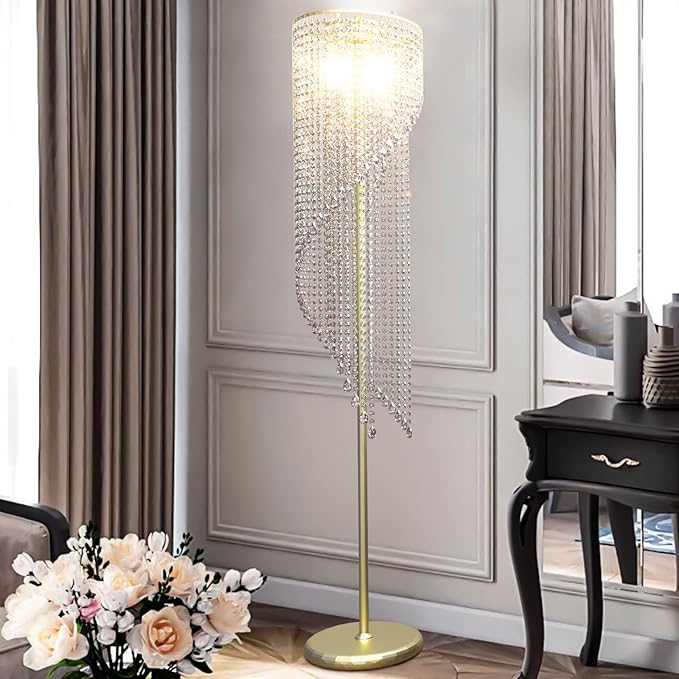 QiMH Crystal Floor Lamp for Living Room/ Bedroom Decor, Bling Elegant Rain Lamp, Gold Standing Indoor Tall Pole Light Simple Floor Lamp with Foot Switch - LeafyLoom