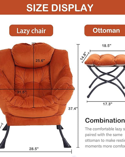 LITA Lazy Chair with Ottoman, Modern Lounge Accent Chair with Armrests and a Side Pocket, Leisure Upholstered Sofa Chair Set, Reading Chair with Footrest for Small Space, Corner Chair,Orange - LeafyLoom