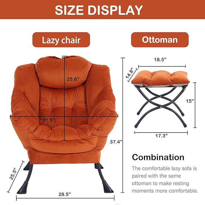 LITA Lazy Chair with Ottoman, Modern Lounge Accent Chair with Armrests and a Side Pocket, Leisure Upholstered Sofa Chair Set, Reading Chair with Footrest for Small Space, Corner Chair,Orange - LeafyLoom