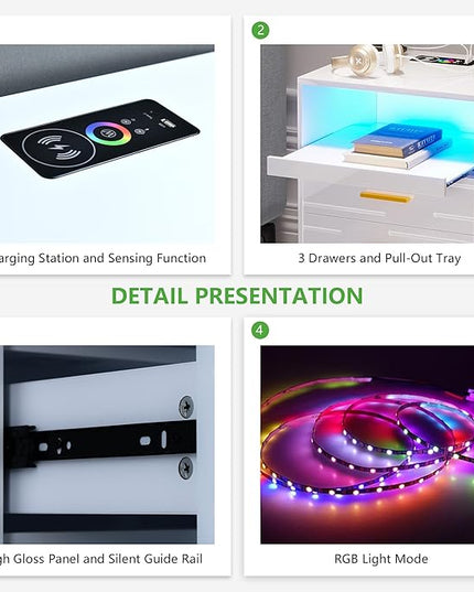 HNEBC RGB LED Nightstand with Wireless Charging Station, Smart Night Stand with 3 Drawers and Sliding Tray, Modern Bedside Table for Bedroom Furniture, High Gloss End Sofa Tables (B White) - LeafyLoom