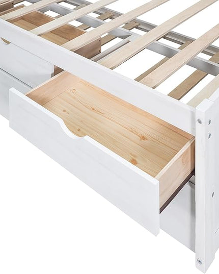 Twin Size Captain Bed with 3 Storage Drawers and Trundle, Wood Twin Bed Frame with Built-in Bookshelves for Kids Teens Adults, White Wash - LeafyLoom