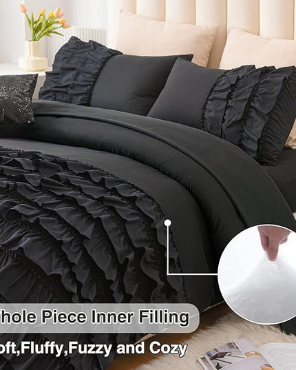A Nice Night Waterfall Flutter Ruffle Comforter Sets,Ruffled Textured Chic Princess 6pcs Bedding Set,with Bling Shiny Sequin Throw Pillow Case,Black,Full - LeafyLoom