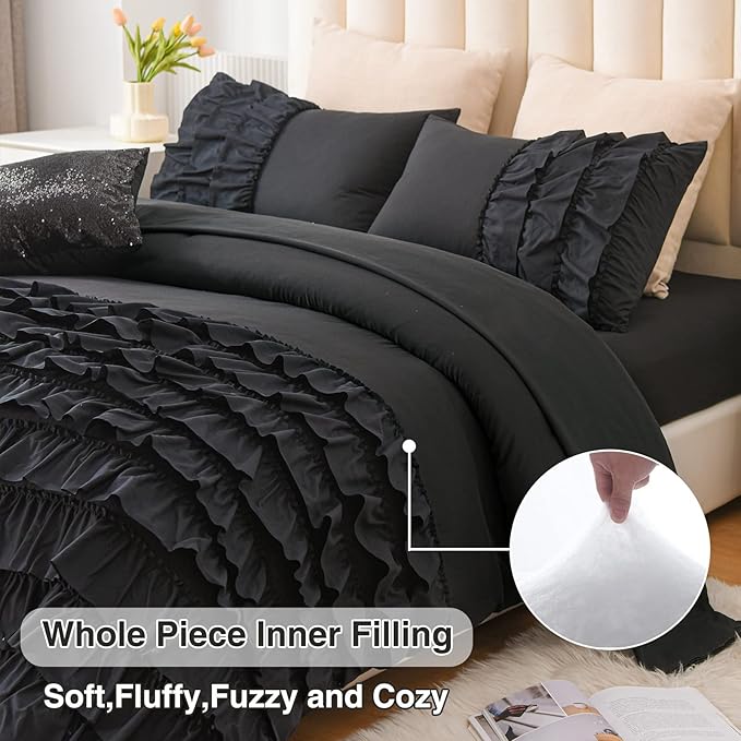 A Nice Night Waterfall Flutter Ruffle Comforter Sets,Ruffled Textured Chic Princess 6pcs Bedding Set,with Bling Shiny Sequin Throw Pillow Case,Black,Full - LeafyLoom