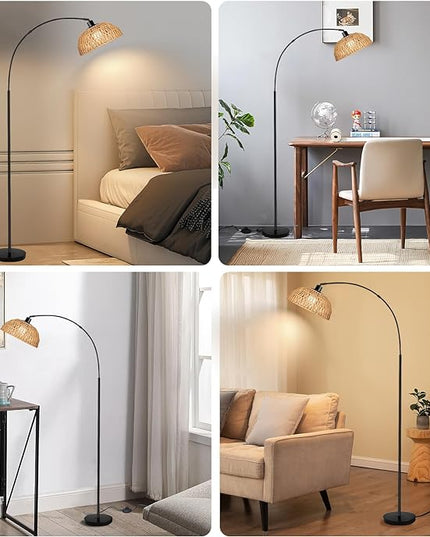 Arc Floor Lamp for Living Room,Black Standing Rattan Floor Lamp with Remote Control Dimmable,71" Tall Boho Farmhouse Adjustable Over Couch Lamp for Bedroom Office - LeafyLoom