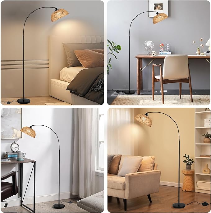 Arc Floor Lamp for Living Room,Black Standing Rattan Floor Lamp with Remote Control Dimmable,71" Tall Boho Farmhouse Adjustable Over Couch Lamp for Bedroom Office - LeafyLoom