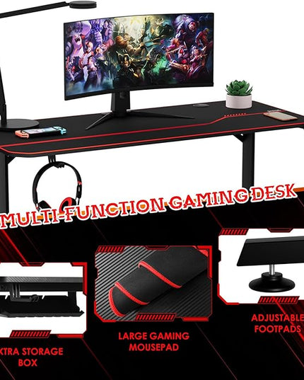 55'' Gaming Desk, Multi-Use Home Office T-Shaped Computer Workstation, Carbon Fiber Surface PC Study Table, Full Cover Mousepad, Drink Holder, Wire Holes, Headphone Hook, Cable Tray, Red - LeafyLoom
