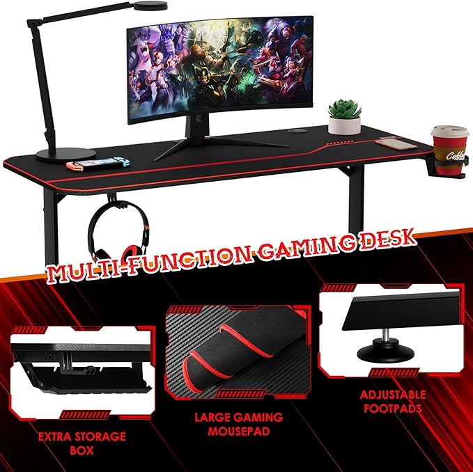 55'' Gaming Desk, Multi-Use Home Office T-Shaped Computer Workstation, Carbon Fiber Surface PC Study Table, Full Cover Mousepad, Drink Holder, Wire Holes, Headphone Hook, Cable Tray, Red - LeafyLoom