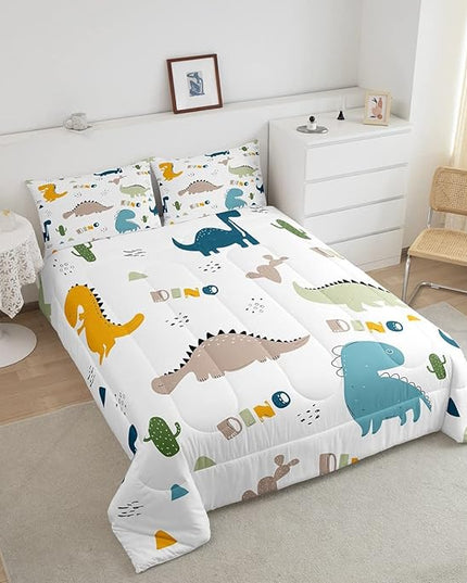 Feelyou Cute Dinosaur Comforter Set Cartoon Cactus Bedding Set Decor Jungle Dino Boho Succulent Comforter Wild Animal Pattern Yellow Grey Duvet Set Bedroom Quilt Set 3Pcs King - LeafyLoom