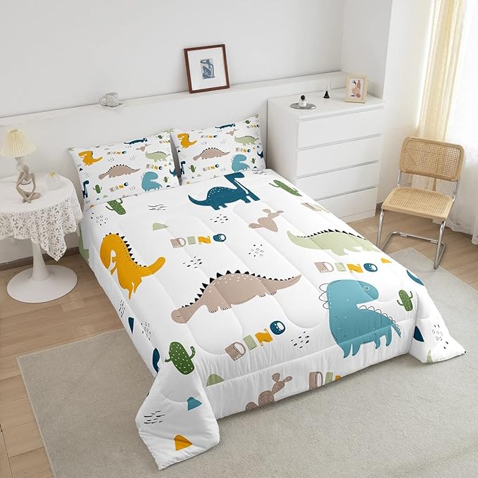 Feelyou Cute Dinosaur Comforter Set Cartoon Cactus Bedding Set Decor Jungle Dino Boho Succulent Comforter Wild Animal Pattern Yellow Grey Duvet Set Bedroom Quilt Set 3Pcs King - LeafyLoom