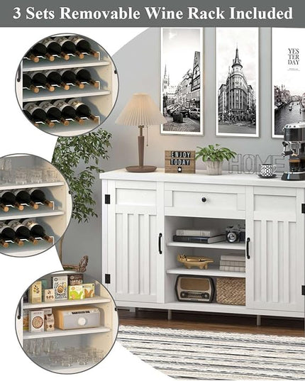 FATORRI Buffet Cabinet with Storage, Wood Sideboard Buffet Cabinet with Wine Rack, Modern Credenza Coffee Bar Cabinet for Kitchen Living Room (55.12 Inch, White Oak) - LeafyLoom