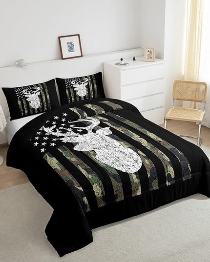 Camo Twin Bedding Set for Boys Army Green Camo American Flag Comforter Set,Teen Camouflage Deer Hunting Bedding Comforter Sets Rustic Farmhouse Woodland Animal Bedding Quilt Black White 1 Pillowcase - LeafyLoom