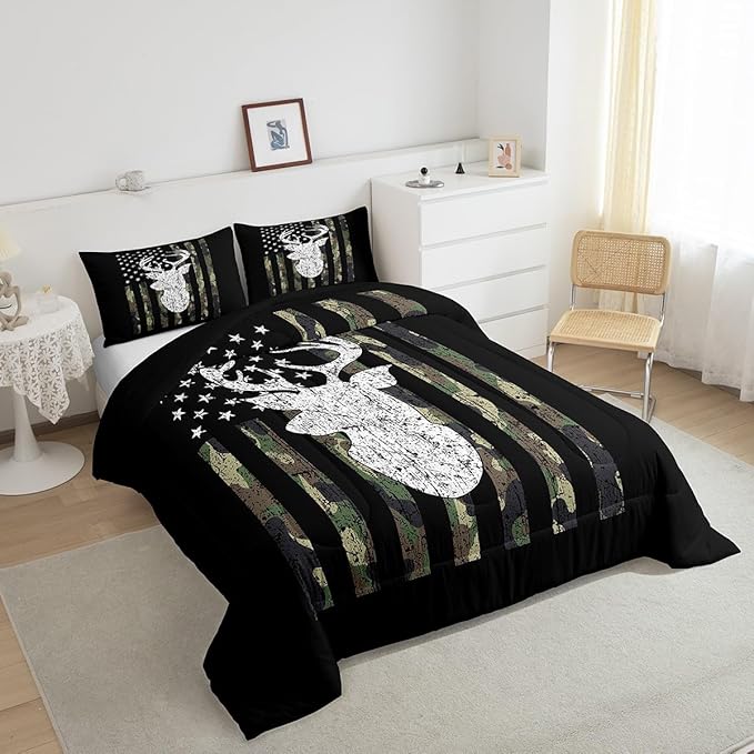 Camo Twin Bedding Set for Boys Army Green Camo American Flag Comforter Set,Teen Camouflage Deer Hunting Bedding Comforter Sets Rustic Farmhouse Woodland Animal Bedding Quilt Black White 1 Pillowcase - LeafyLoom