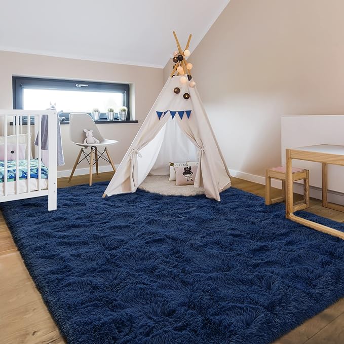 6x9 Large Area Rugs for Living Room, Super Soft Fluffy Modern Bedroom Rug, Navy Blue Indoor Shag Fuzzy Carpets for Girls Kids Nursery Room Home Decor - LeafyLoom