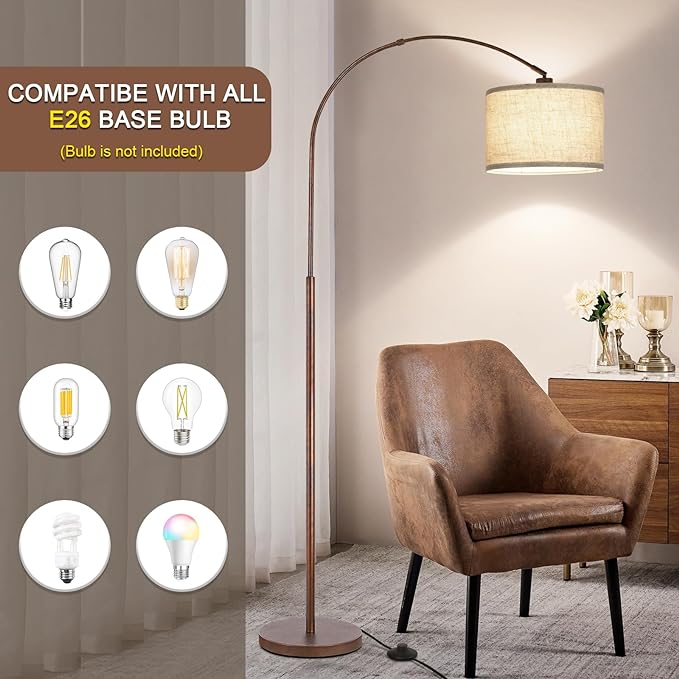 Floor Lamp for Living Room, Vintage Arc Floor Lamp with Adjustable Lamp Head, Tall Pole Lamp with On/Off Pedal Switch, Over Couch Arched Reading Light for Bedroom, Office, Study Room (Antique Bronze) - LeafyLoom