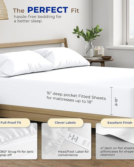 THREAD SPREAD Luxury Egyptian Cotton Sheets King Size - 600 Thread Count Sheets King 4 PC White Luxury Sheets King Size, 16" Deep Pocket, Extra Soft, Cooling Sateen Weave Hotel Luxury Bed Sheets Set - LeafyLoom