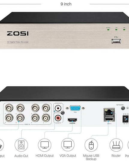 ZOSI H.265+ 8CH 3K Lite Hybrid 4-in-1 Analog/AHD/TVI/CVI Surveillance Video Recorders CCTV DVR System for 720P, 1080P Security Cameras, No HDD ZOSI