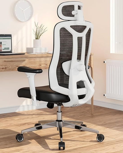 Ergonomic Office Chair with 3D PU Armrests, Home Office Chair with 3D Adjustable Lumbar Support, Adjustable Seat Depth Desk Chair, Swivel Big and Tall Computer Chair,Thick Seat Cushion - LeafyLoom