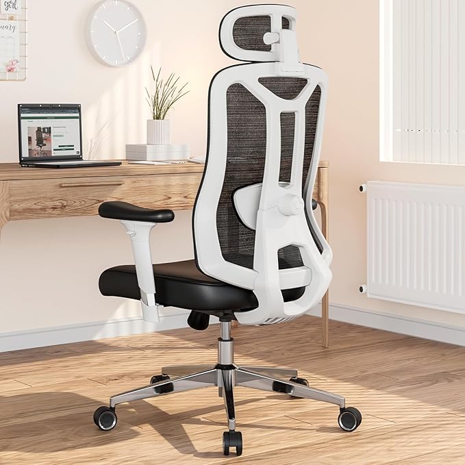 Ergonomic Office Chair with 3D PU Armrests, Home Office Chair with 3D Adjustable Lumbar Support, Adjustable Seat Depth Desk Chair, Swivel Big and Tall Computer Chair,Thick Seat Cushion - LeafyLoom