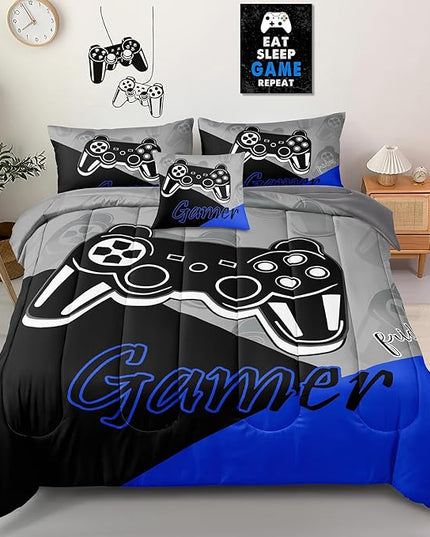6 Pieces Gaming Bedding Set Queen Size for Boys Gamer Comforter Set for Boys Girls Kids Teens 6 Piece Bed in A Bag Video Game Bedding for Gamer Room Decorative Queen50 - LeafyLoom