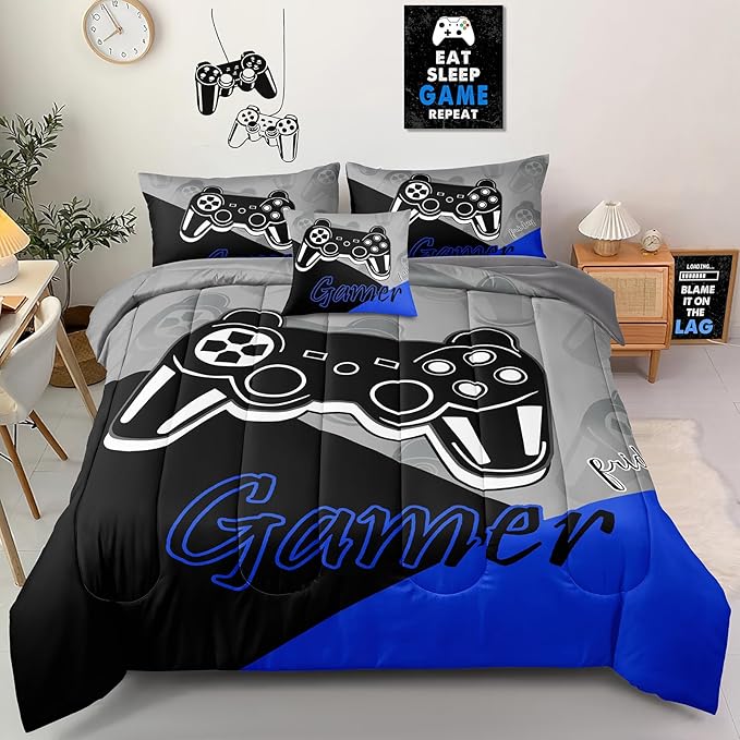 5 Pieces Gaming Bedding Set Twin Size for Boys Gamer Comforter Set for Boys Girls Kids Teens 5 Piece Bed in A Bag Video Game Bedding for Gamer Room Decorative Twin50 - LeafyLoom