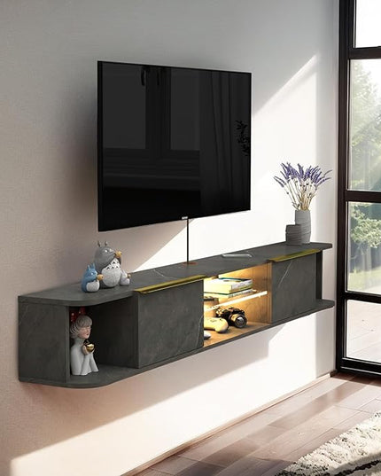 Pmnianhua LED Floating TV Stand with 2 Drawers for 75 inch TV,70'' Floating TV Console with LED Lights,Floating Entertainment Shelf with Storage for Bedroom Playroom Living Room(Dark Grey) - LeafyLoom