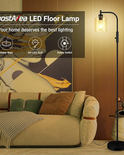 BoostArea Dimmable Floor Lamp, Standing Lamp with Glass Lampshade, 6W LED Bulb Included, Modern Floor Lamp, Industrial Floor Lamp, Bright LED Floor Lamp for Living Room and Bedroom, Office - LeafyLoom
