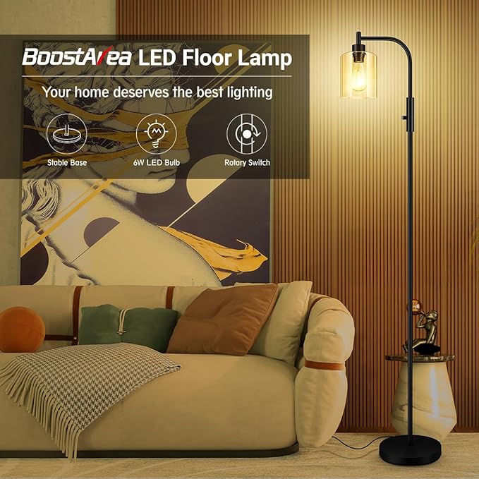 BoostArea Dimmable Floor Lamp, Standing Lamp with Glass Lampshade, 6W LED Bulb Included, Modern Floor Lamp, Industrial Floor Lamp, Bright LED Floor Lamp for Living Room and Bedroom, Office - LeafyLoom