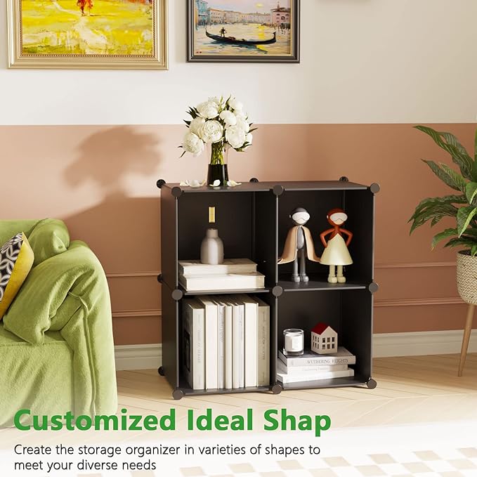 C&AHOME Cube Storage Organizer, 4-Cube Shelves Units, Closet Cabinet, DIY Plastic Modular Book Shelf, Ideal for Bedroom, Living Room, Office, 24.8" L x 12.4" W x 24.8" H Black SHS04A - LeafyLoom