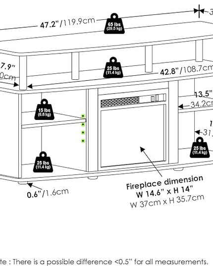 Furinno Jensen Open Shelving Storage Fireplace TV Entertainment Center for TV up to 55 Inch, Americano/Black - LeafyLoom