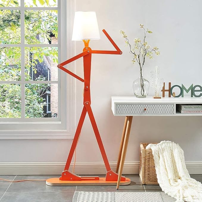 Cool Creative Floor Lamps Wood Tall Decorative Corner Reading Standing Swing Arm Light for Living Room Bedroom Office Farmhouse Kids Boys Girls Gift - with LED Bulb (Orange) - LeafyLoom