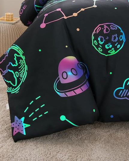 Aimuan Space Rocket Bedding Set Kid Comforter Set Full Size Super Soft & Cute Aliens UFO Printed Quilt Set for Teen Boys Girls (Black, Full) - LeafyLoom