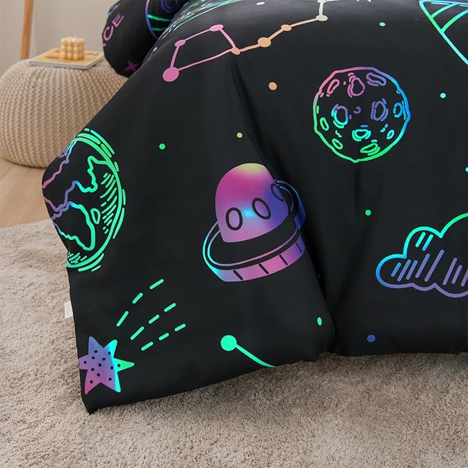 Aimuan Space Rocket Bedding Set Kid Comforter Set Full Size Super Soft & Cute Aliens UFO Printed Quilt Set for Teen Boys Girls (Black, Full) - LeafyLoom