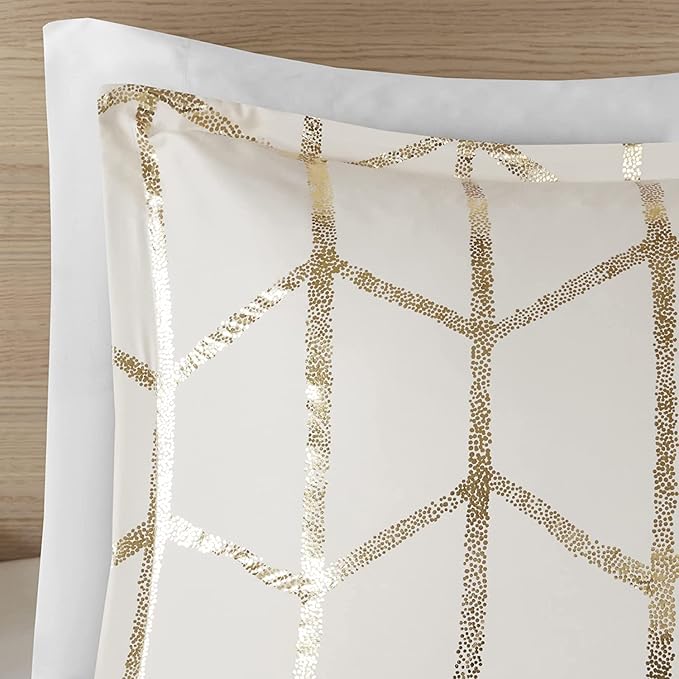 Intelligent Design Raina Full / Queen Comforter Set, Soft Microfiber Comforter Set Queen, Modern Geometric Metallic Bed Set, 5 Pieces College Bedding Comforter Set with 2 Shams, 2 Toss Pillows Ivory - LeafyLoom