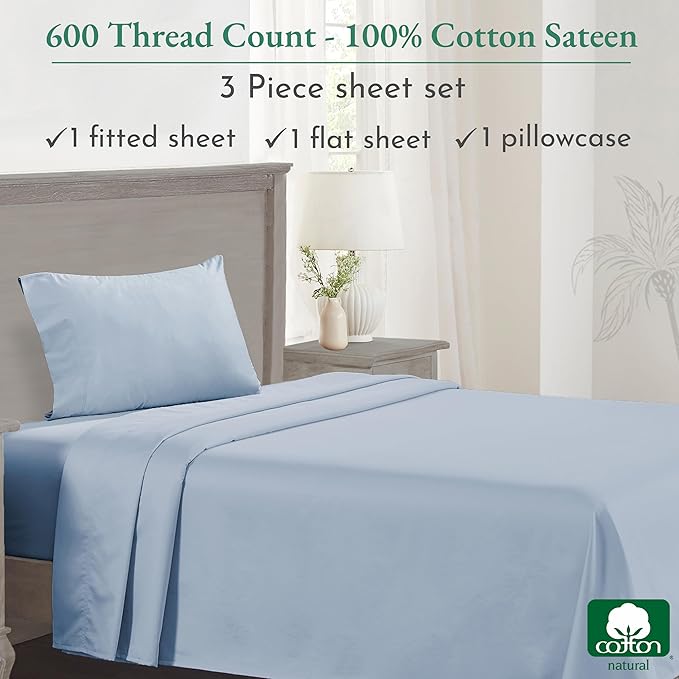 California Design Den Luxury Twin XL Sheet Set - 100% Cotton, 600 Thread Count Deep Pocket XL Twin Sheets, Soft Hotel-Quality Bedding with Sateen Weave - Blue - LeafyLoom