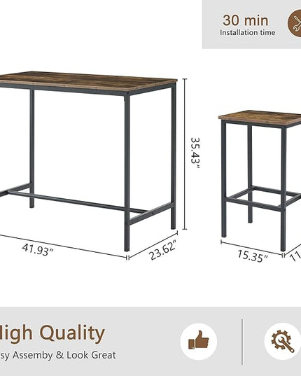 Dining Table Set for 4, Bar Table and Chairs Set, Square Bar Table with 4 High Stools with Footrest, Industrial Counter Height Dining Pub Bar Table Set for 2, for Home Kitchen Breakfast, Rustic Brown - LeafyLoom