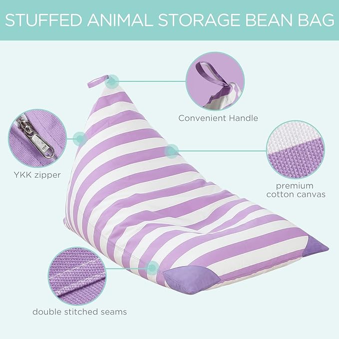 Aubliss Stuffed Animal Storage Bean Bag Chairs Cover, 50"x 35" Extra Large Bean Bags Chair for Kids & Adults, Beanbag Toy Storage for Boys Girls - Premium Cotton Canvas Purple Stripe - LeafyLoom