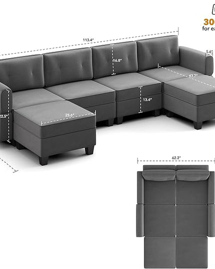 Modular Sectional Sofa, Convertible Sectional Couches for Living Room U Shaped Sofa Couch with Storage Ottoman, High Supportive 6 Seats Reversible Sectionals 113'' with Chaise, Dark Grey - LeafyLoom