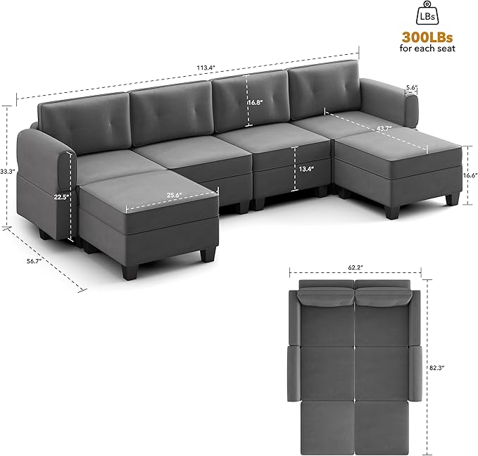 Modular Sectional Sofa, Convertible Sectional Couches for Living Room U Shaped Sofa Couch with Storage Ottoman, High Supportive 6 Seats Reversible Sectionals 113'' with Chaise, Dark Grey - LeafyLoom