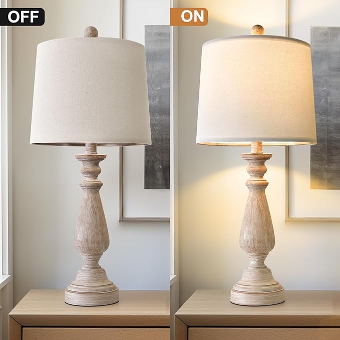 PORTRES 24.5" Mid Century Single Table Lamp for Living Room Farmhouse Linen Bedside Lamps for Bedroom Kids Room Dorm Office Rustic Lamps for End Table Nigntstand Resin - LeafyLoom